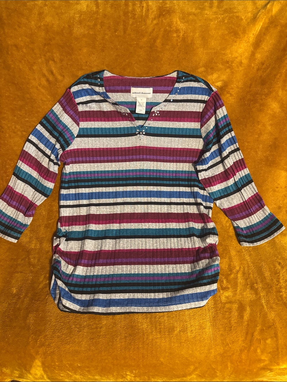 Alfred Dunner Striped Henley Ribbed Long Sleeve Top - Purple, Blue, Teal, Black